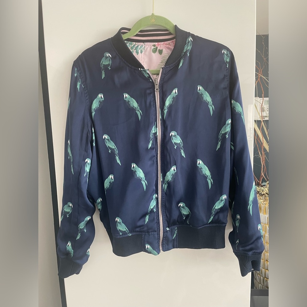 American Eagle Reversible Navy Parrot Bird/Floral Satin Bomber Jacket Small - Picture 3 of 10